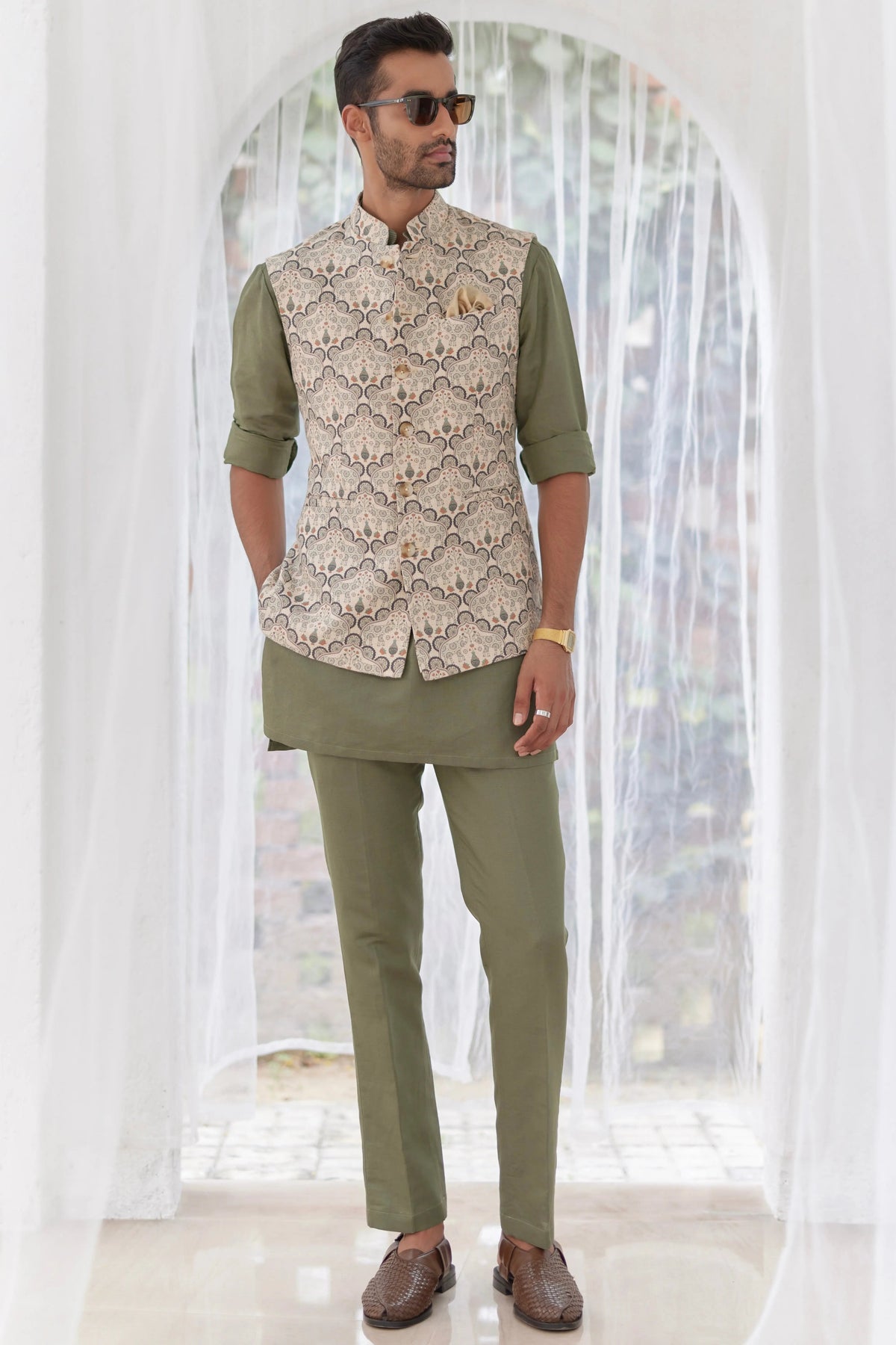 Shop Now for Sage Green Paisley Printed Kurta Bundi Set 