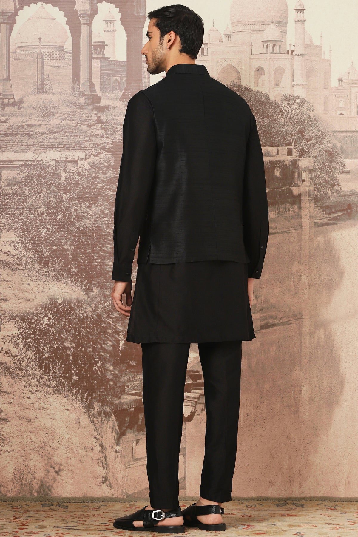 Shop Today for Black Aura Embroidered Raw Silk Kurta Bundi Set