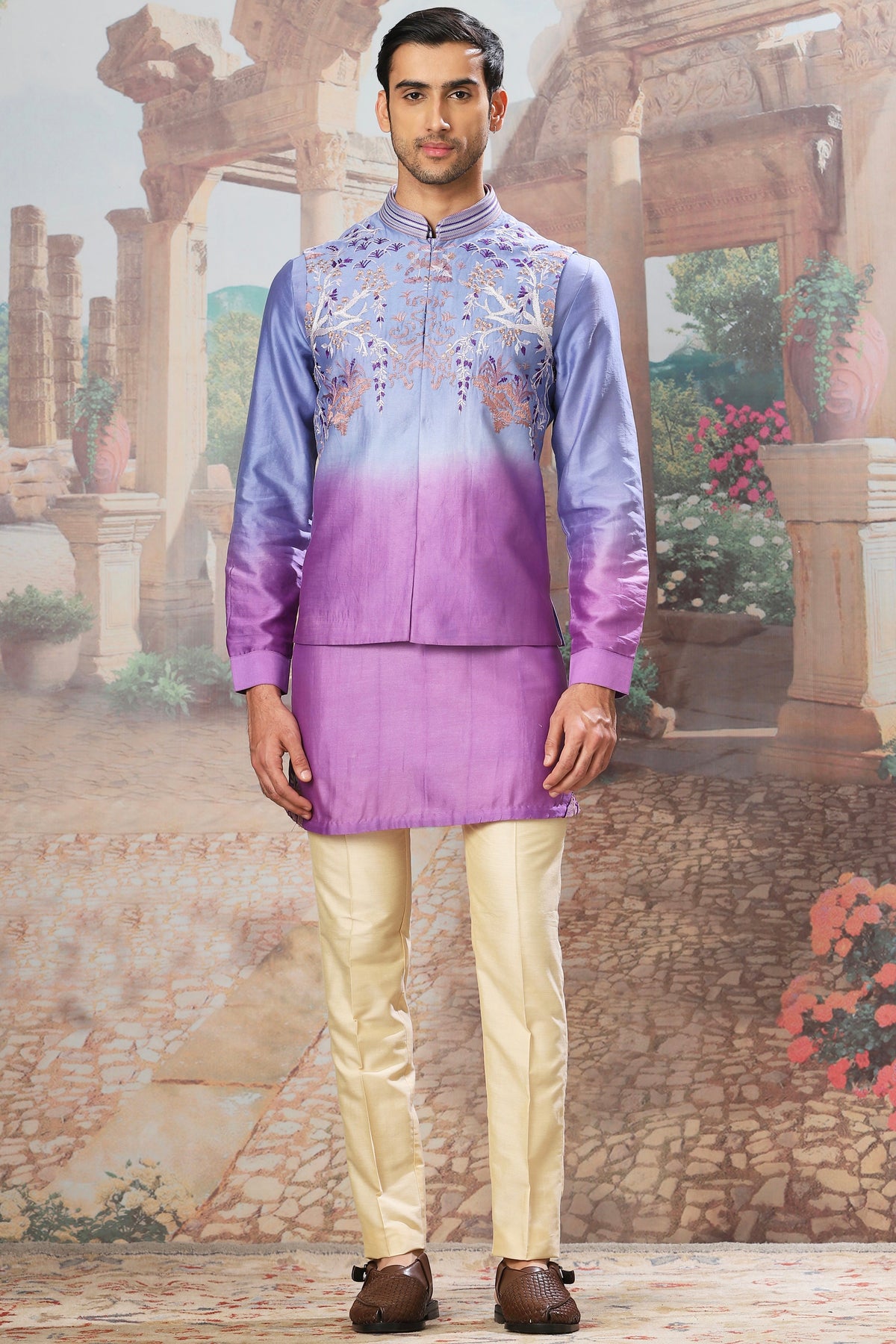 Shop the Best Violet Dusk Ombre Embroidered Kurta Bundi Set