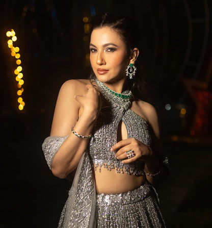 GAUAHAR KHAN IN CHARCOAL GREY NET LEHENGA CHOLI SET