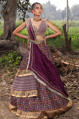 Women's Mulberry Purple Ikat Lehenga Set