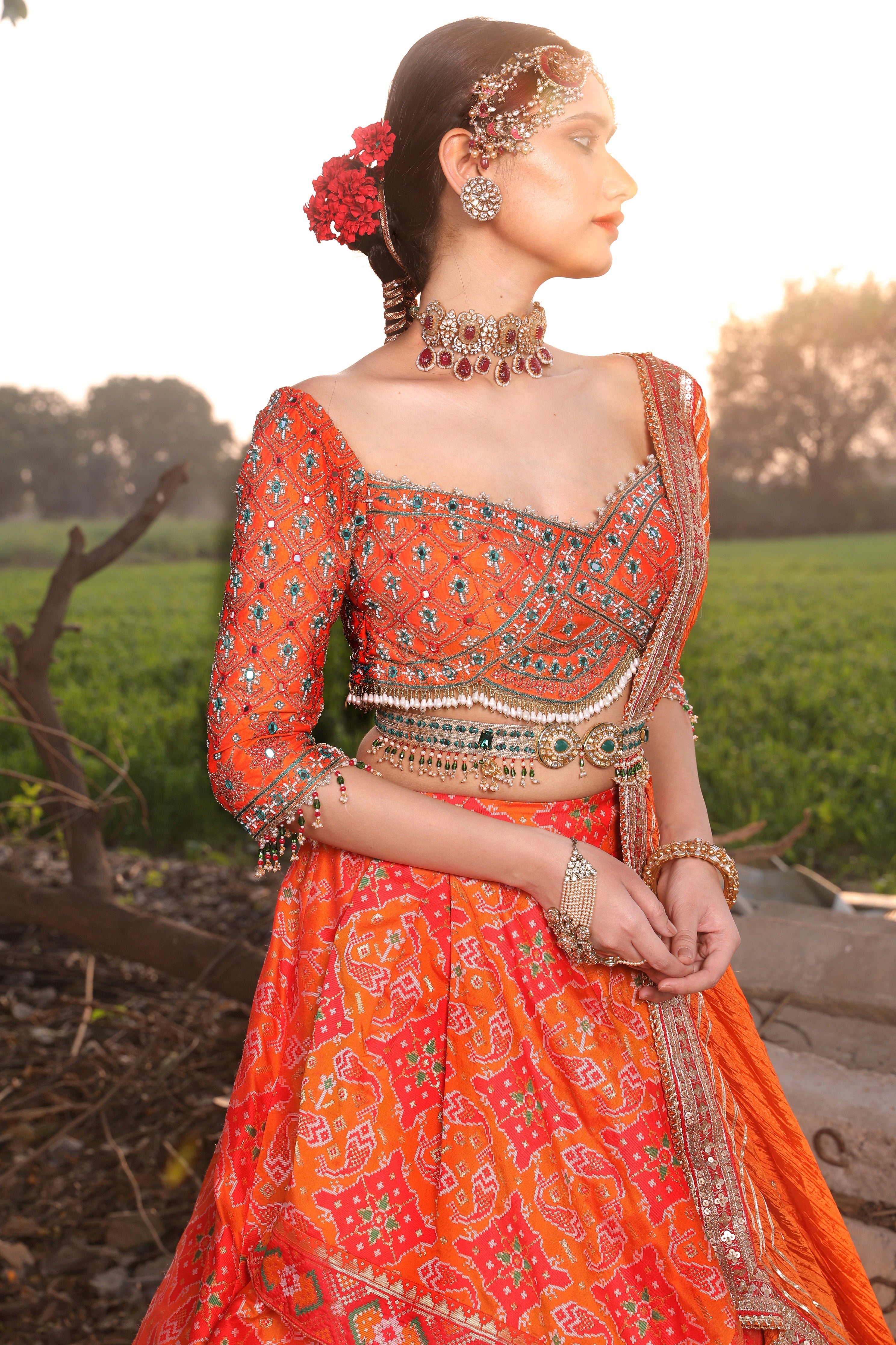 Women's Orange Embroidered Lehenga Set