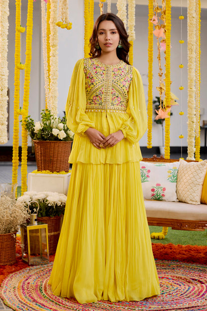 Sunshine Yellow Gathers Peplum With Skirt Set