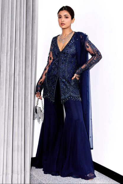 Midnight Blue Tonal Embroidered Kurta and Pants Set
