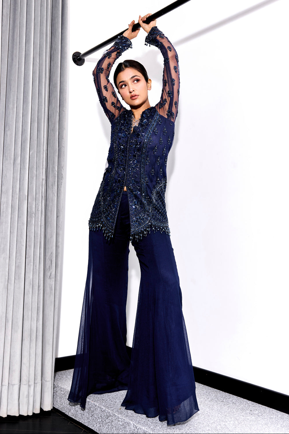 Midnight Blue Tonal Embroidered Kurta and Pants Set