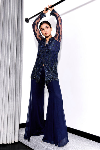 Midnight Blue Tonal Embroidered Kurta and Pants Set