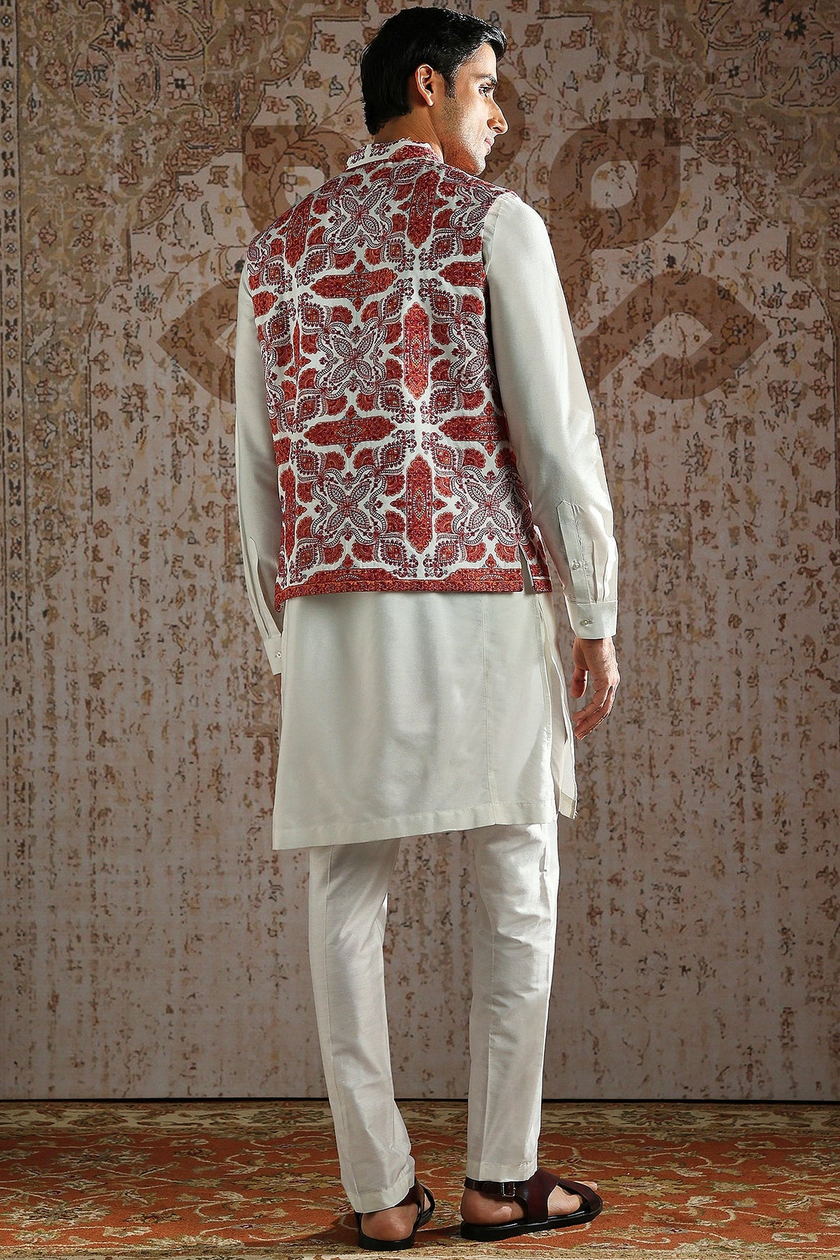 Red Kashida Embroidered Ivory Kurta Bundi Set