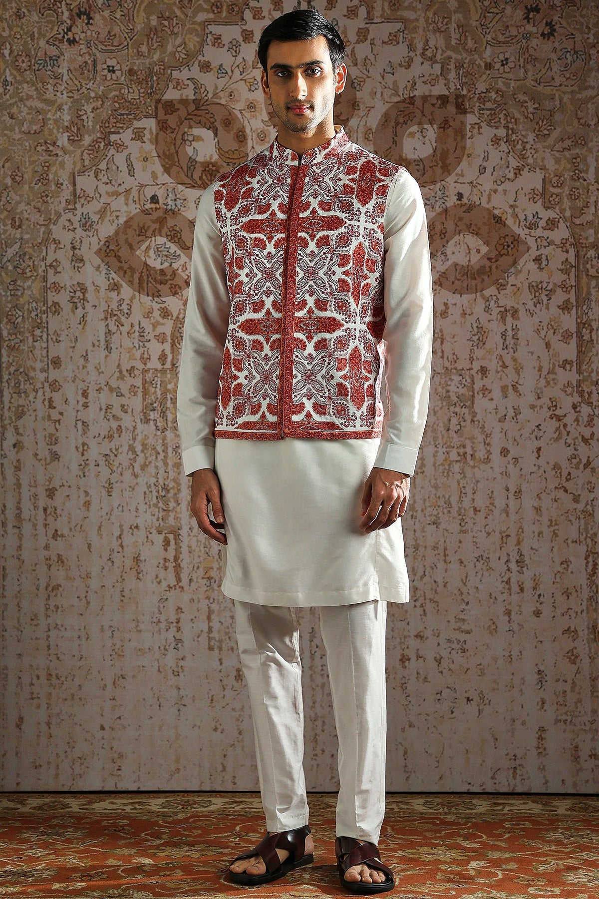 Red Kashida Embroidered Ivory Kurta Bundi Set