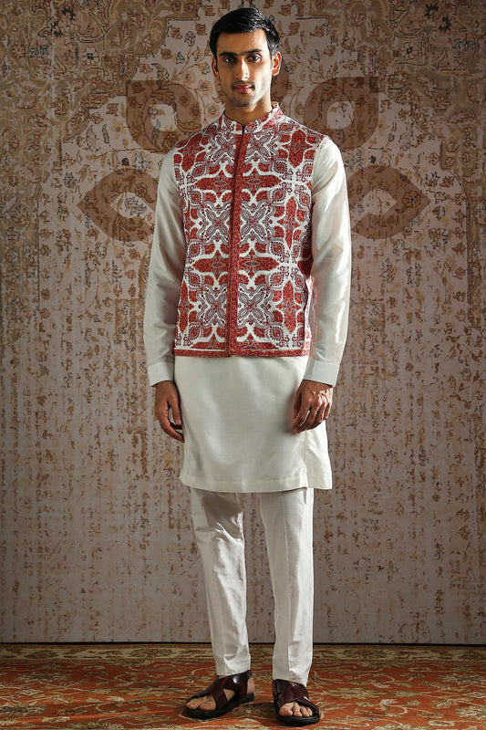 Red Kashida Embroidered Ivory Kurta Bundi Set