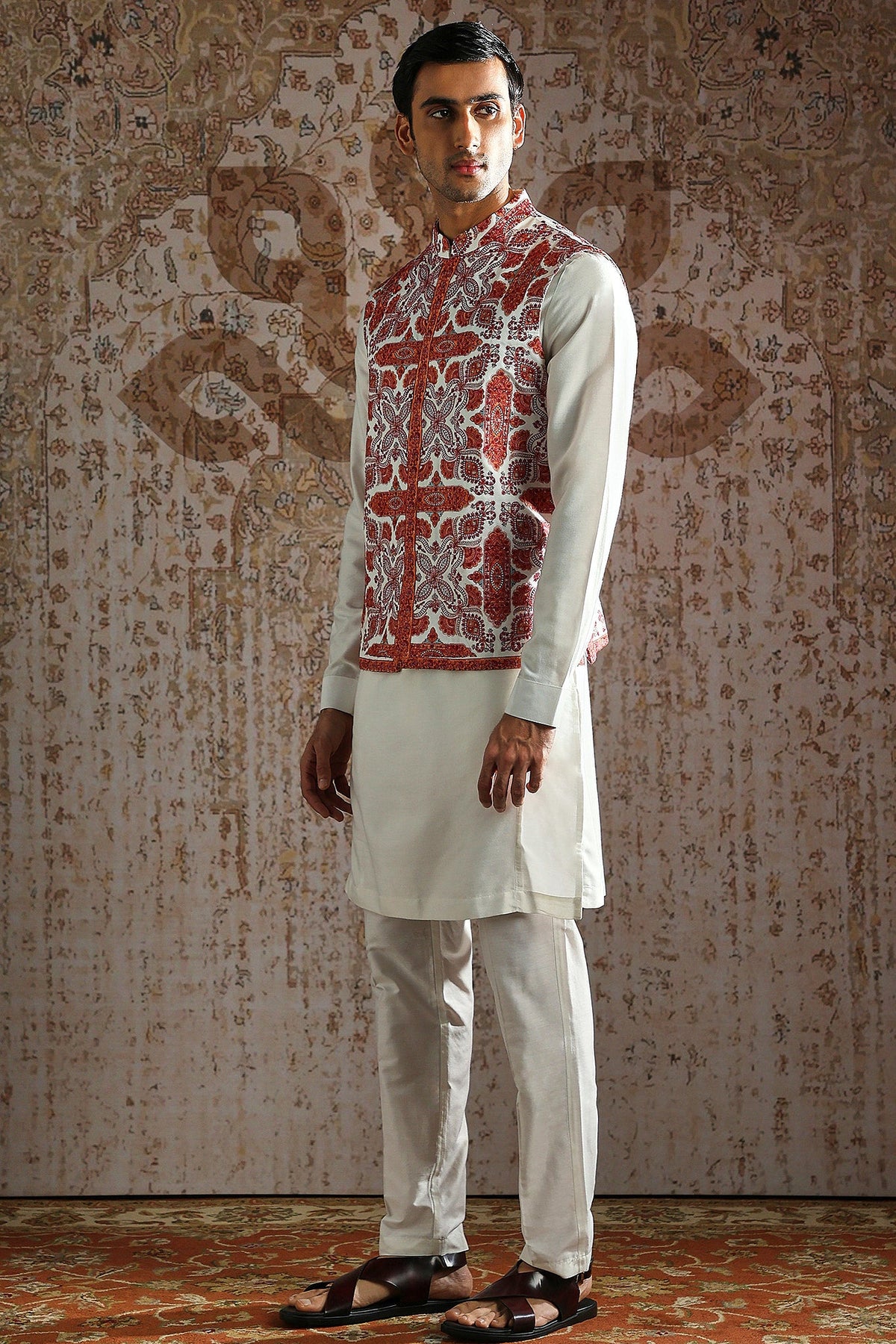 Red Kashida Embroidered Ivory Kurta Bundi Set