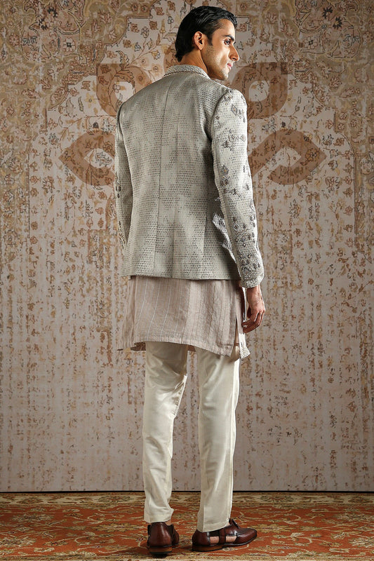 Beige Geometric Embroidered Bandhgala Set