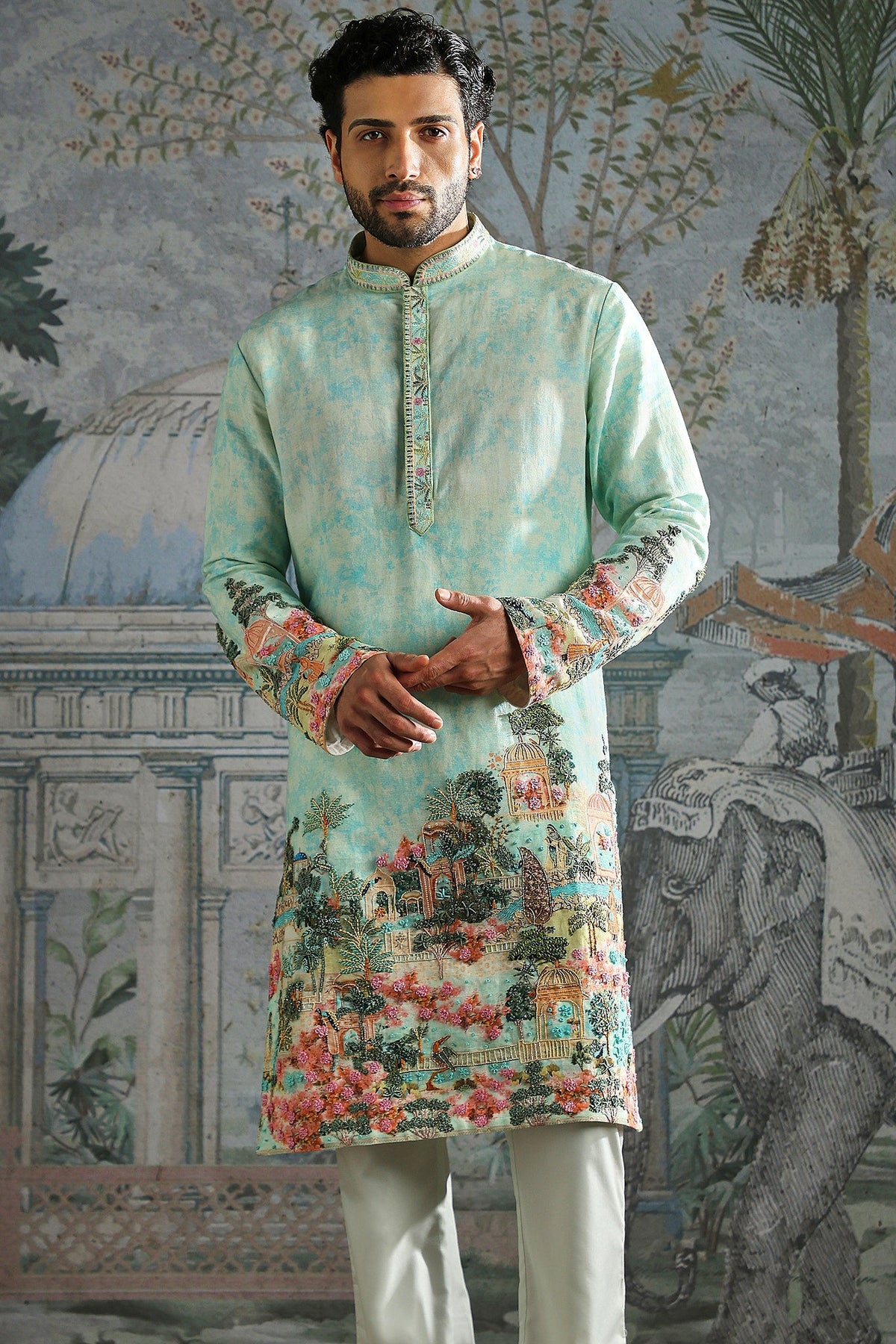Aqua Kurta Set with Printed Landscape and Embroidered Cuffs