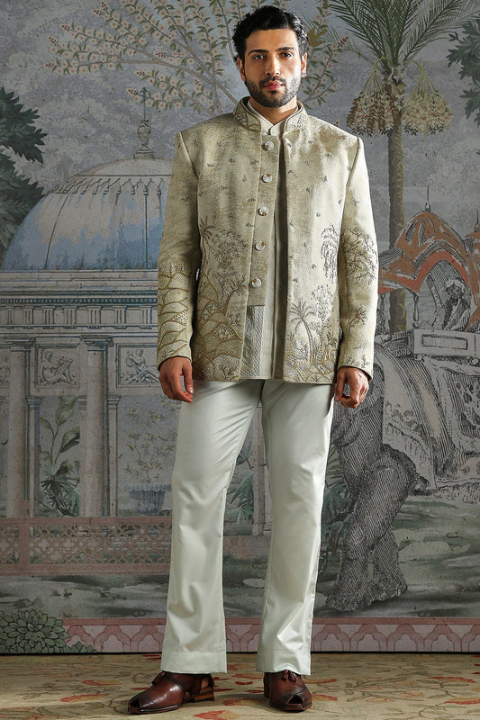 Beige Embroidered Bandhgala Set with Tonal Kurta