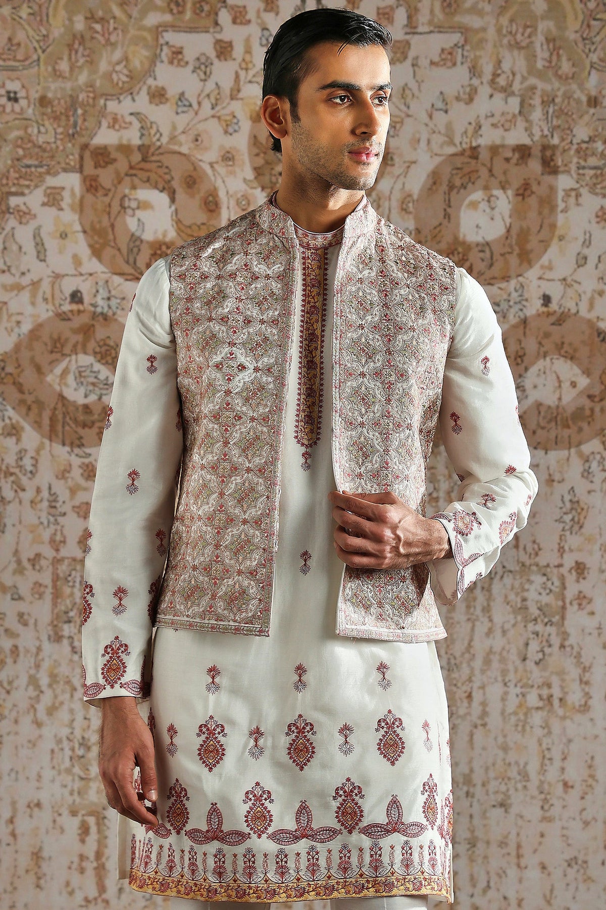Ivory Rosewood Panel Embroidered Kurta Bundi Set