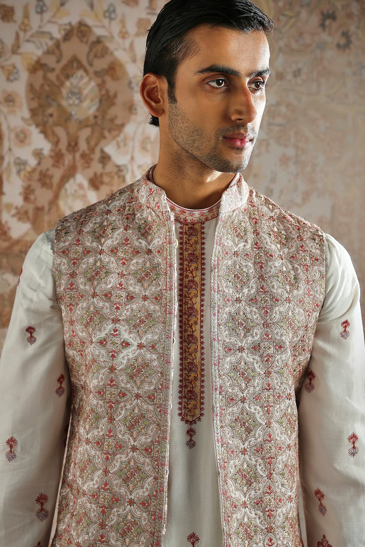 Ivory Rosewood Panel Embroidered Kurta Bundi Set