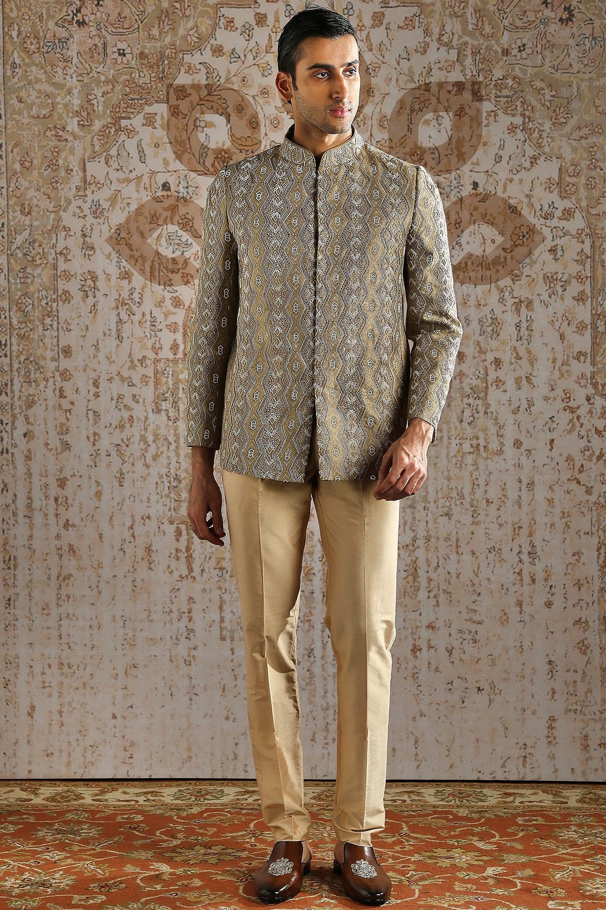 Champagne Antique Pattern Bandhgala Set