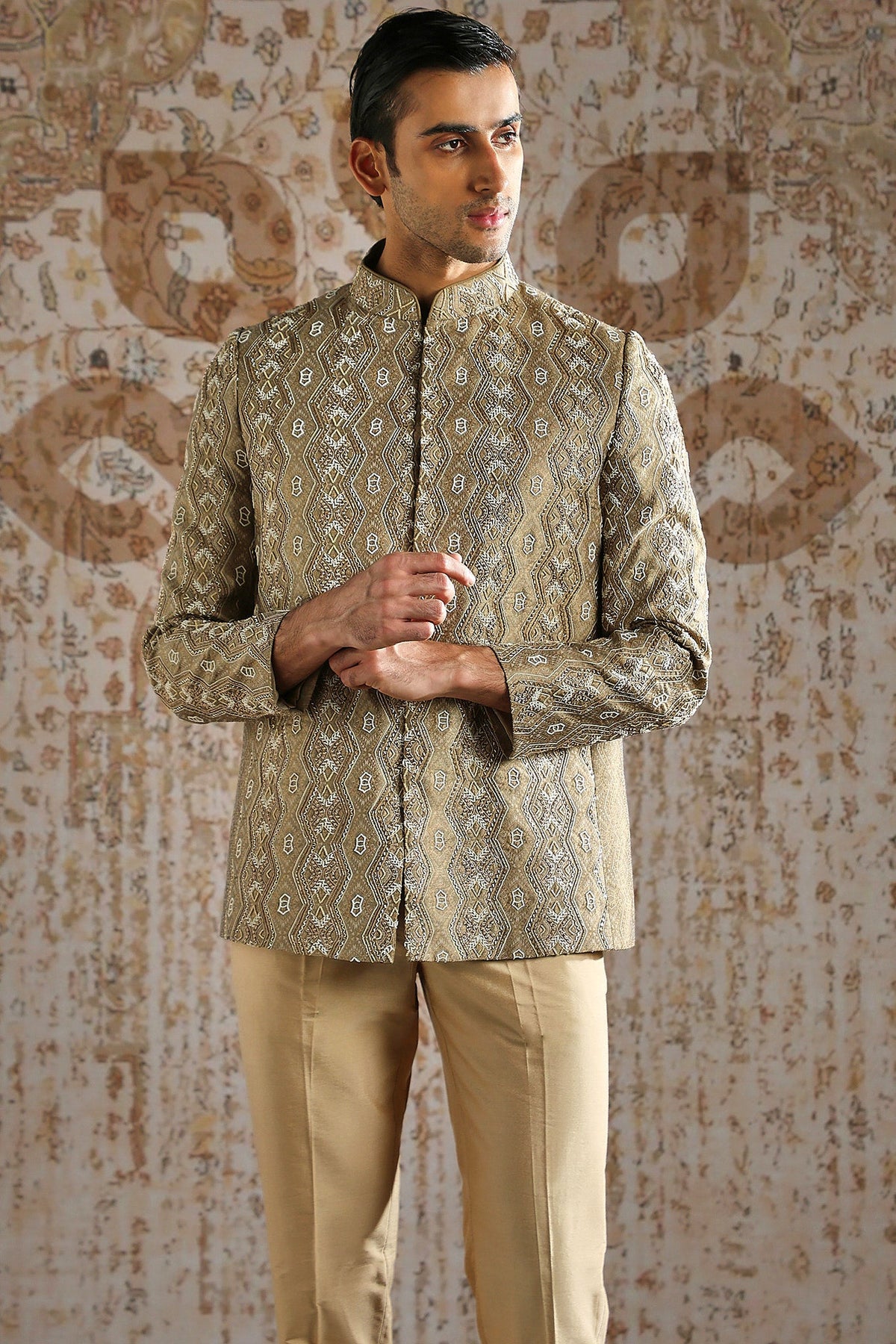 Champagne Antique Pattern Bandhgala Set
