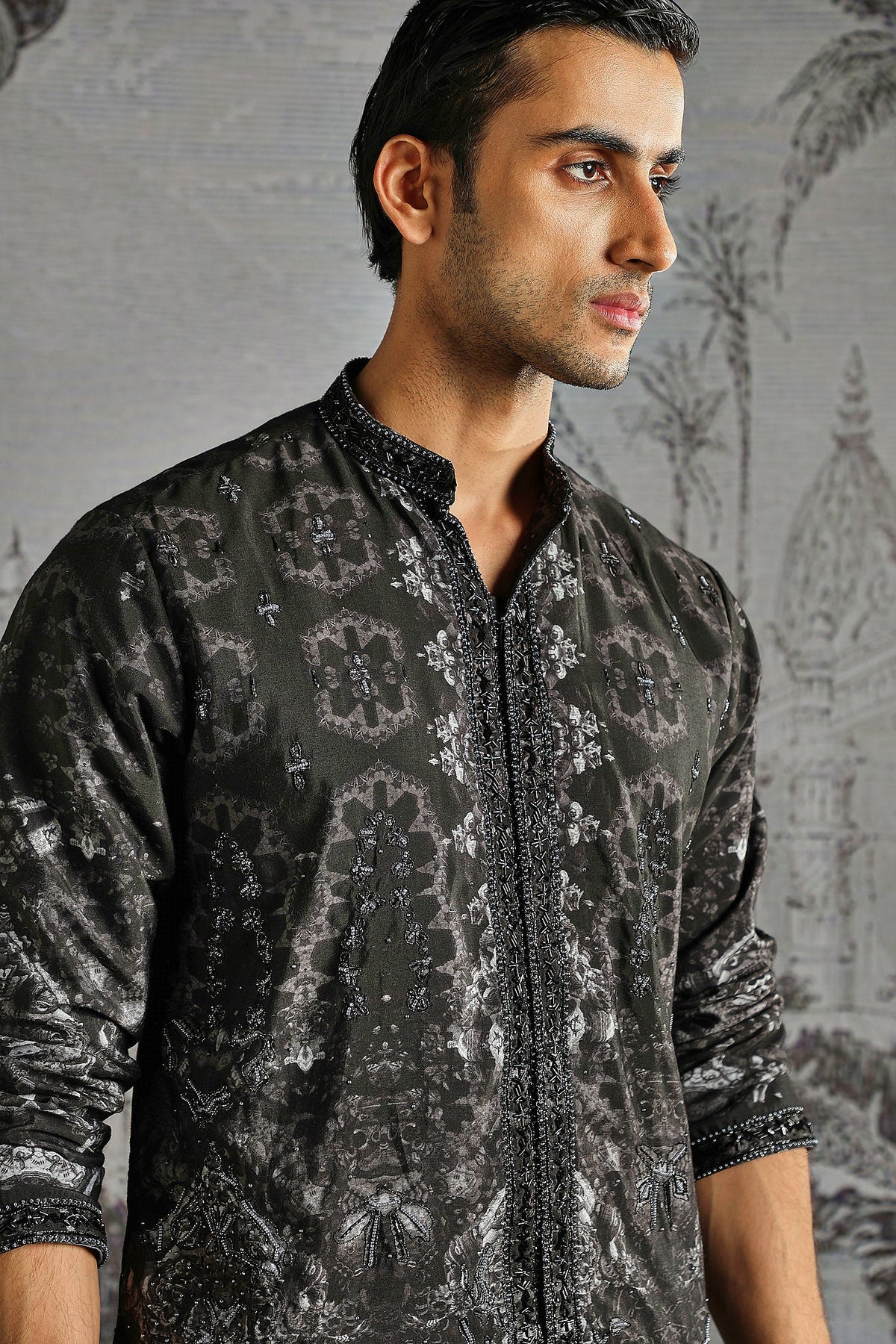 Charcoal Abstract Weave Kurta Set