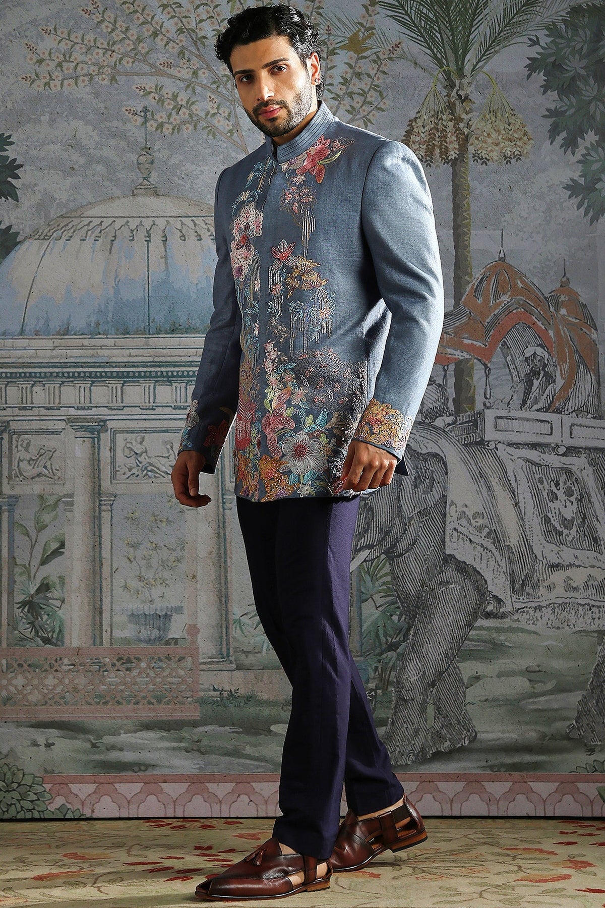 Dusty Blue Floral Embroidered Bandhgala Set