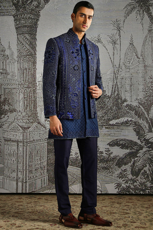 Navy Regal Paisley-Embroidered Bandhgala Set