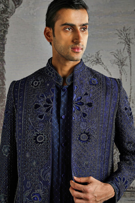 Navy Regal Paisley-Embroidered Bandhgala Set