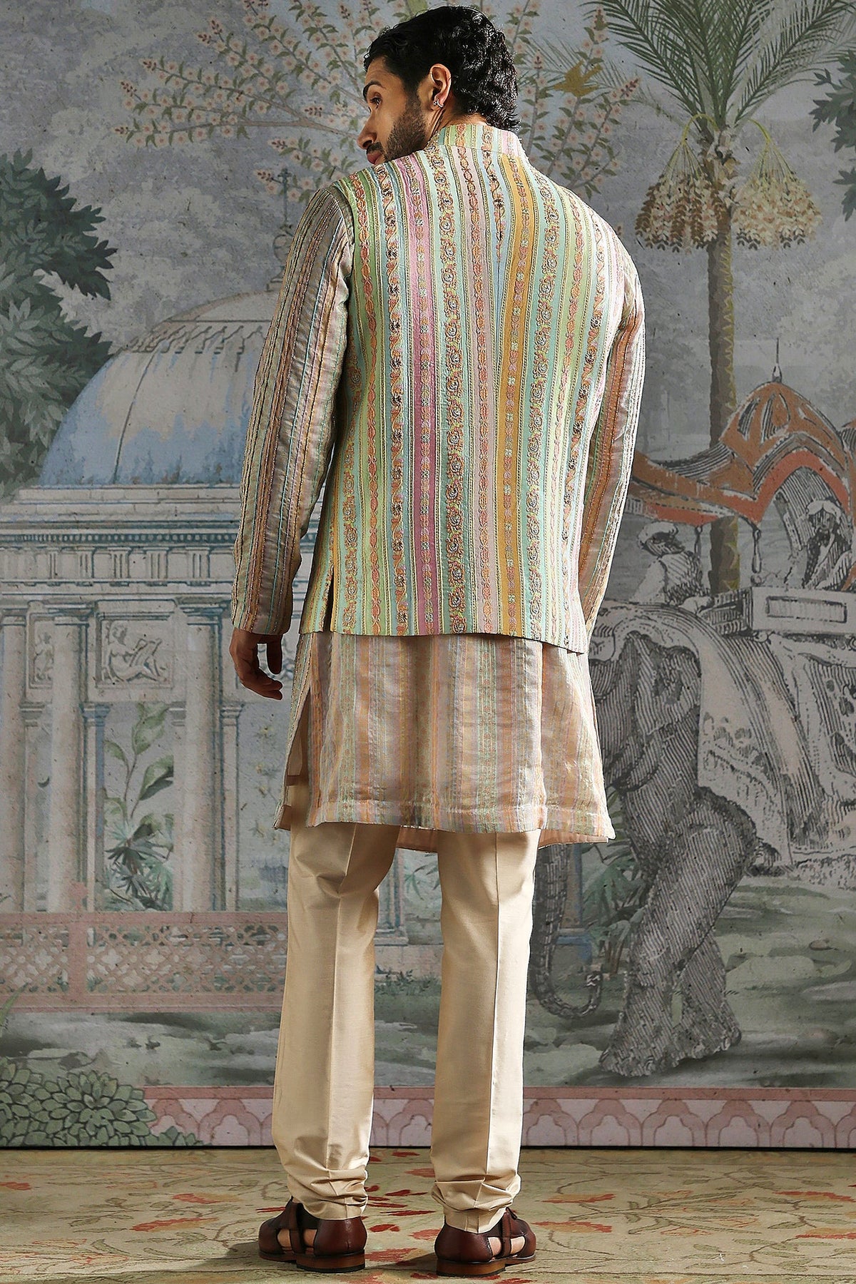 Beige Pastel Thread-Embroidered Kurta Bundi Set