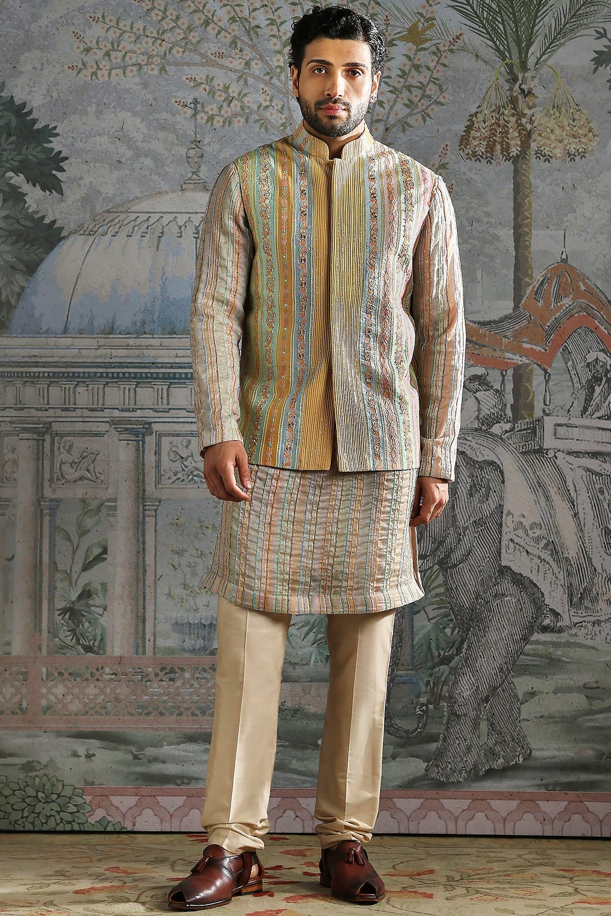 Beige Pastel Thread-Embroidered Kurta Bundi Set