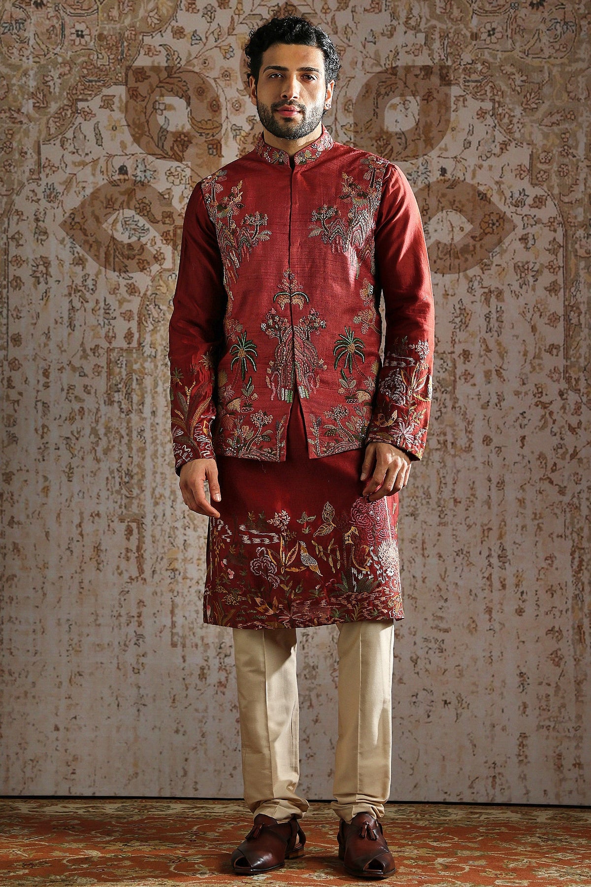 Red Gold Brocade Kurta Bundi Set