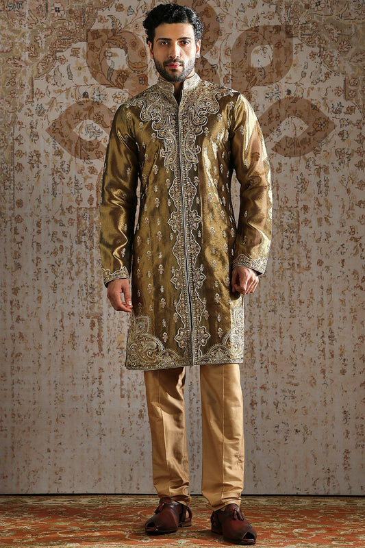Deep Olive Green Floral Embroidered Long Sherwani
