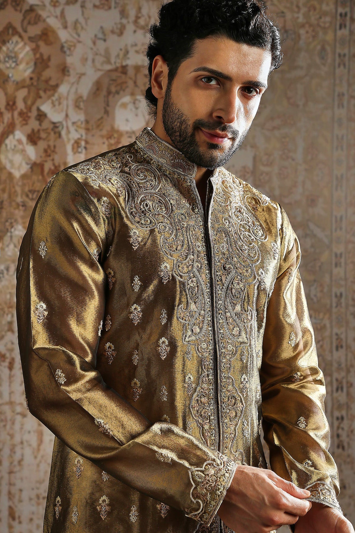 Deep Olive Green Floral Embroidered Long Sherwani