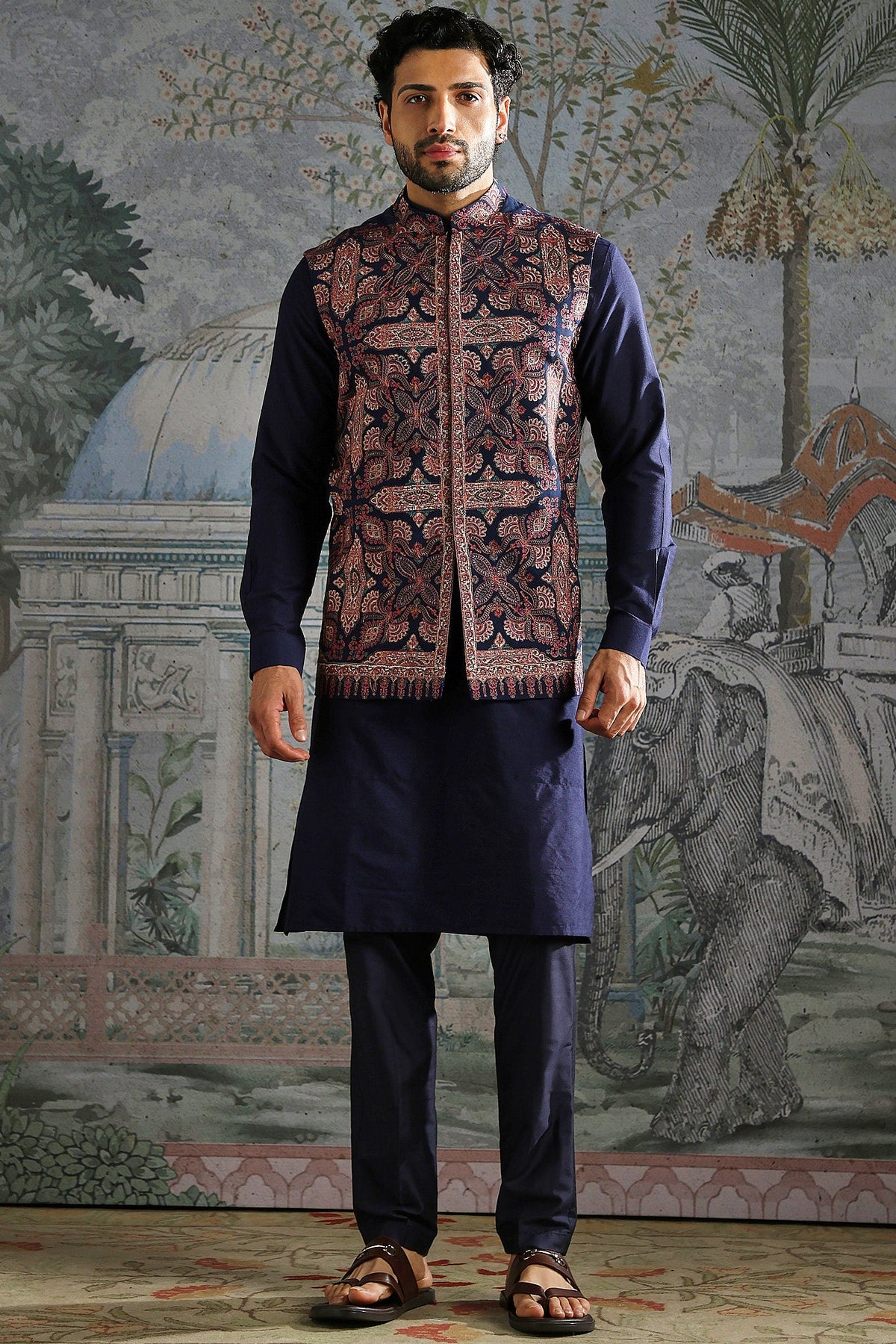 Persian Motif Navy Kurta Bundi Set