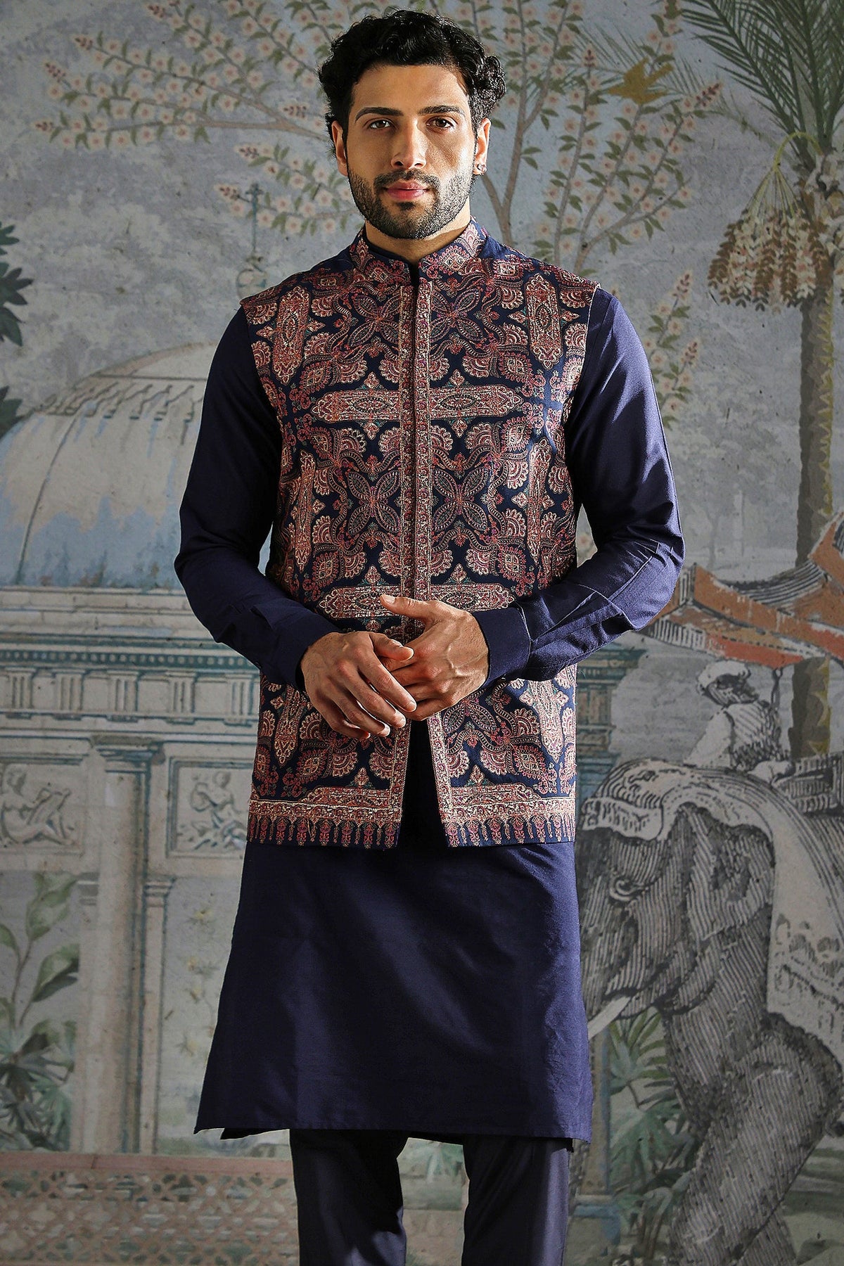 Persian Motif Navy Kurta Bundi Set