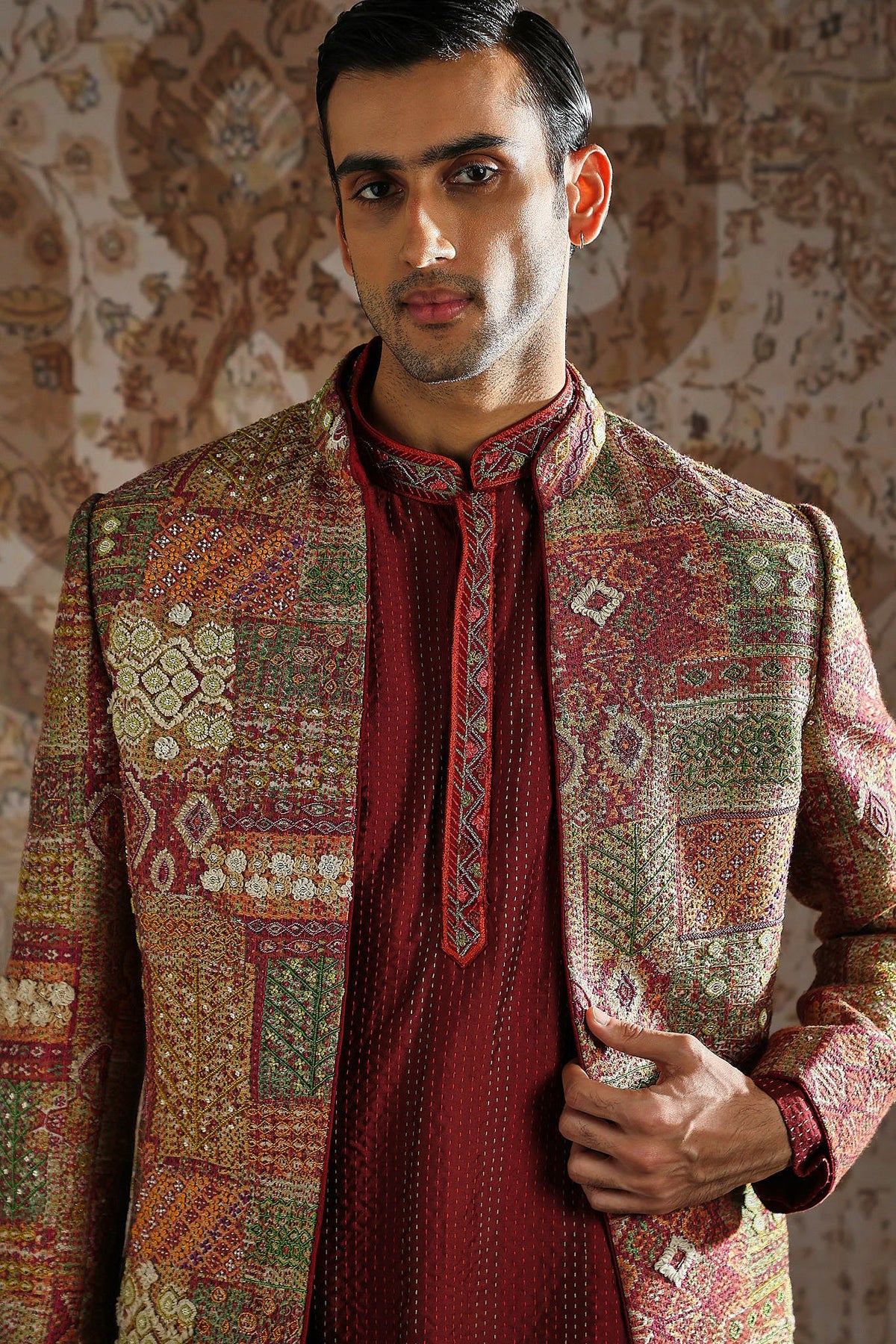 Maroon Pashmina Embroidered Indowestern Set