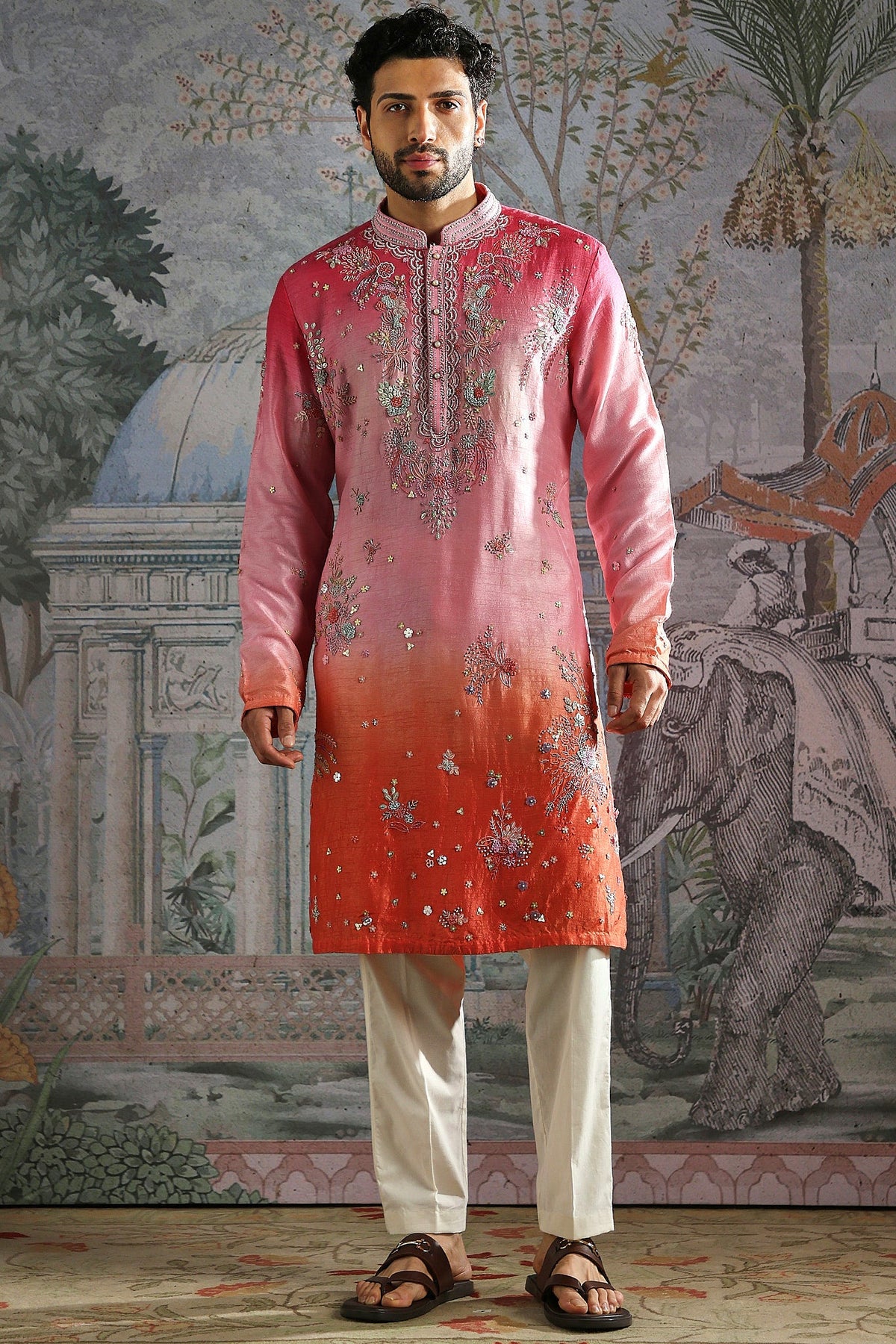 Ombre Pink-Orange Embroidered Kurta Set