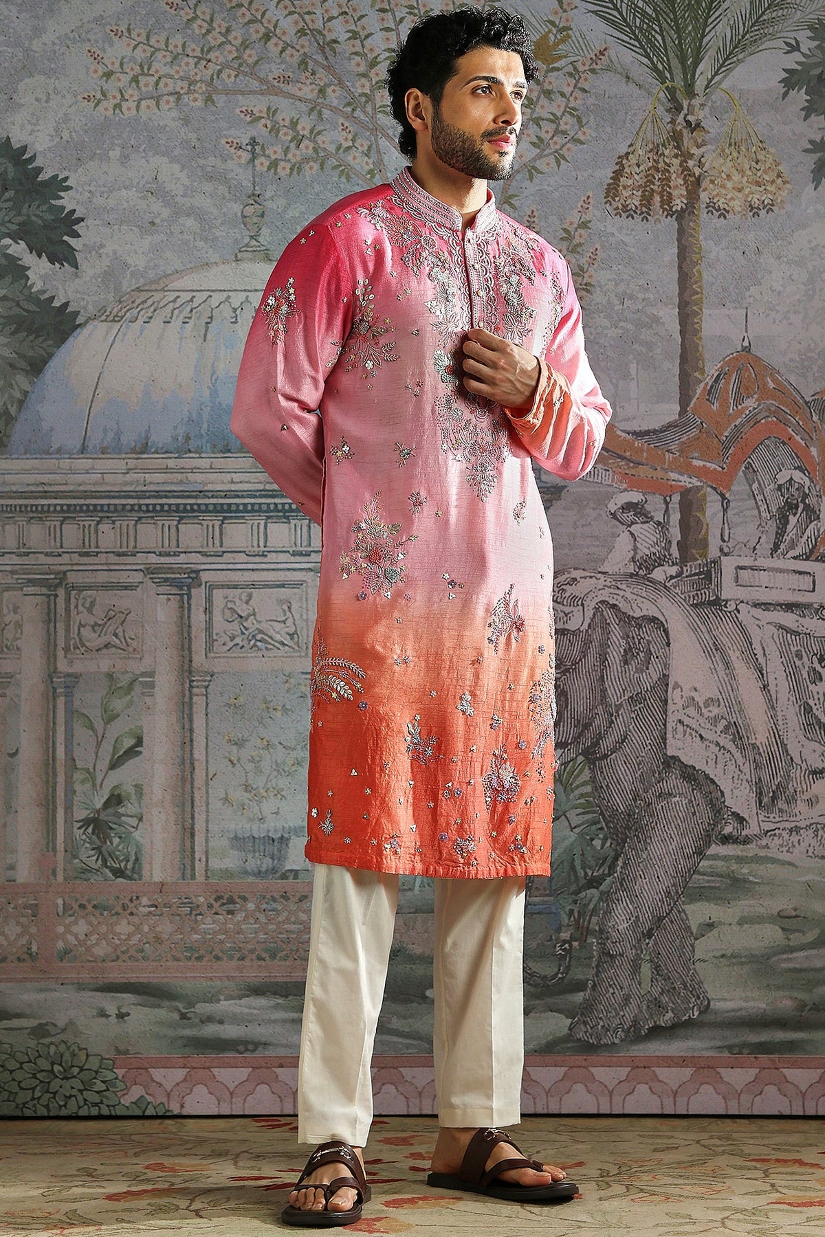 Ombre Pink-Orange Embroidered Kurta Set