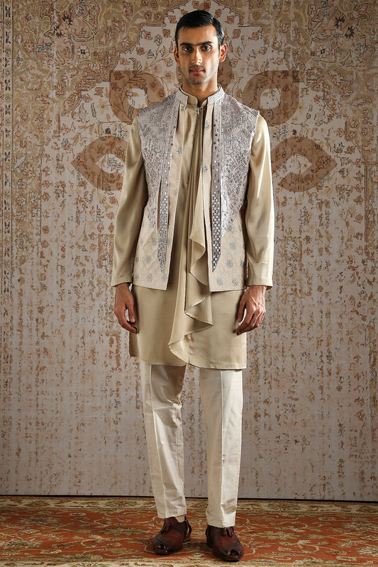 Champagne Draped Kurta with Heavy Embroidered Bundi Set
