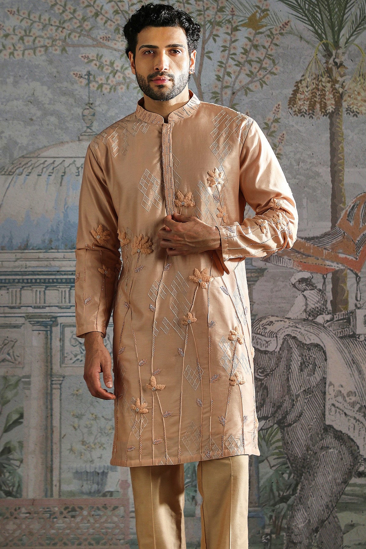 Nude Diamond-Floral Textured Embroidered Kurta Set