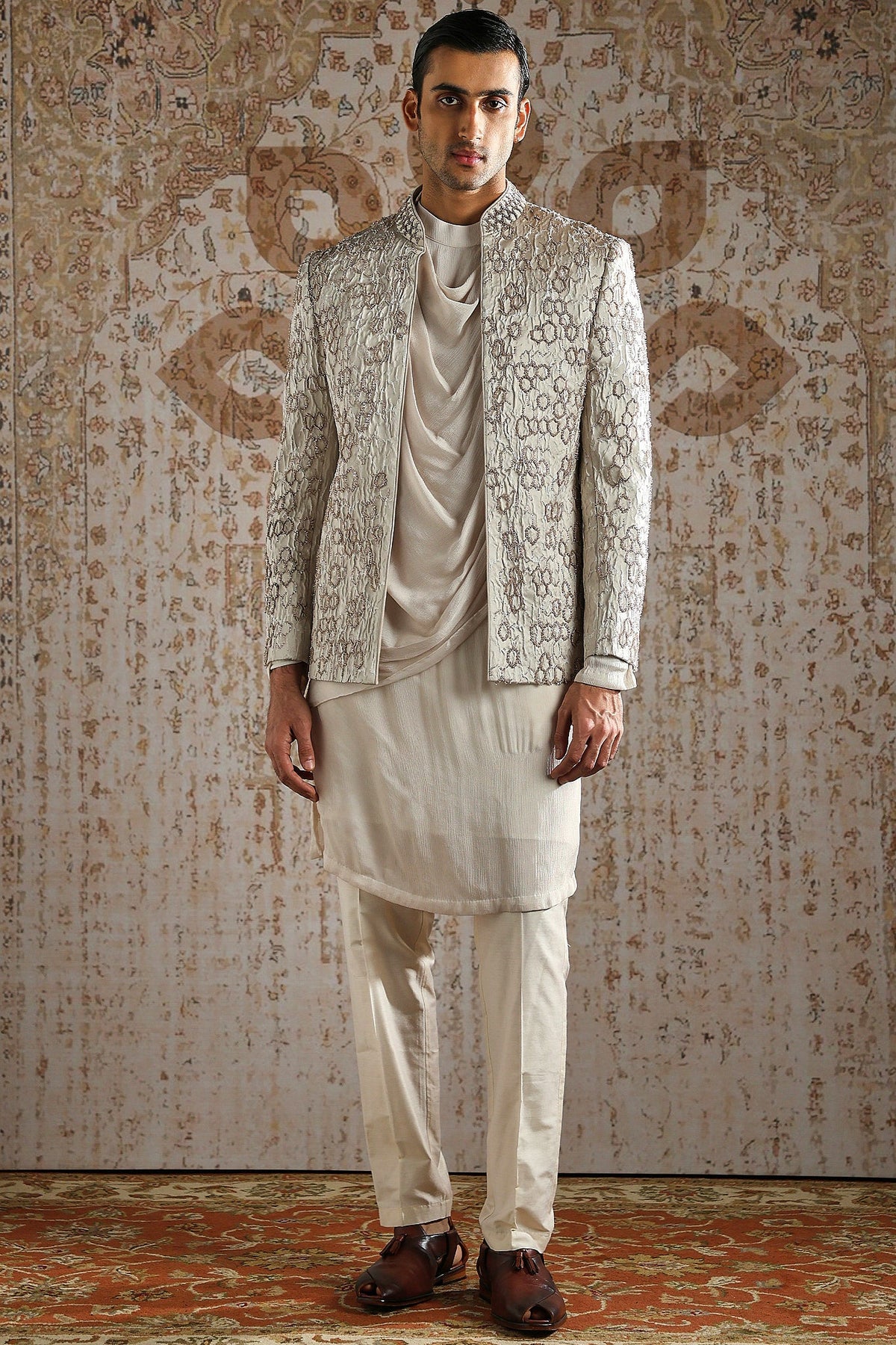 Geometric Embroidered Draped Cowl Bandhgala Set