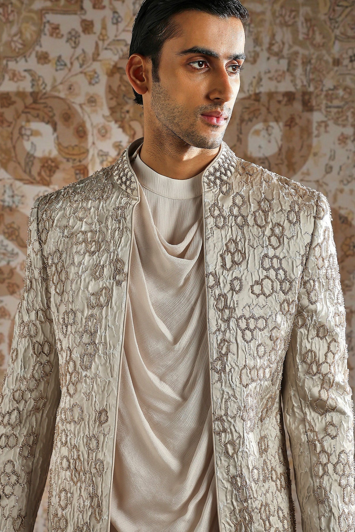 Geometric Embroidered Draped Cowl Bandhgala Set