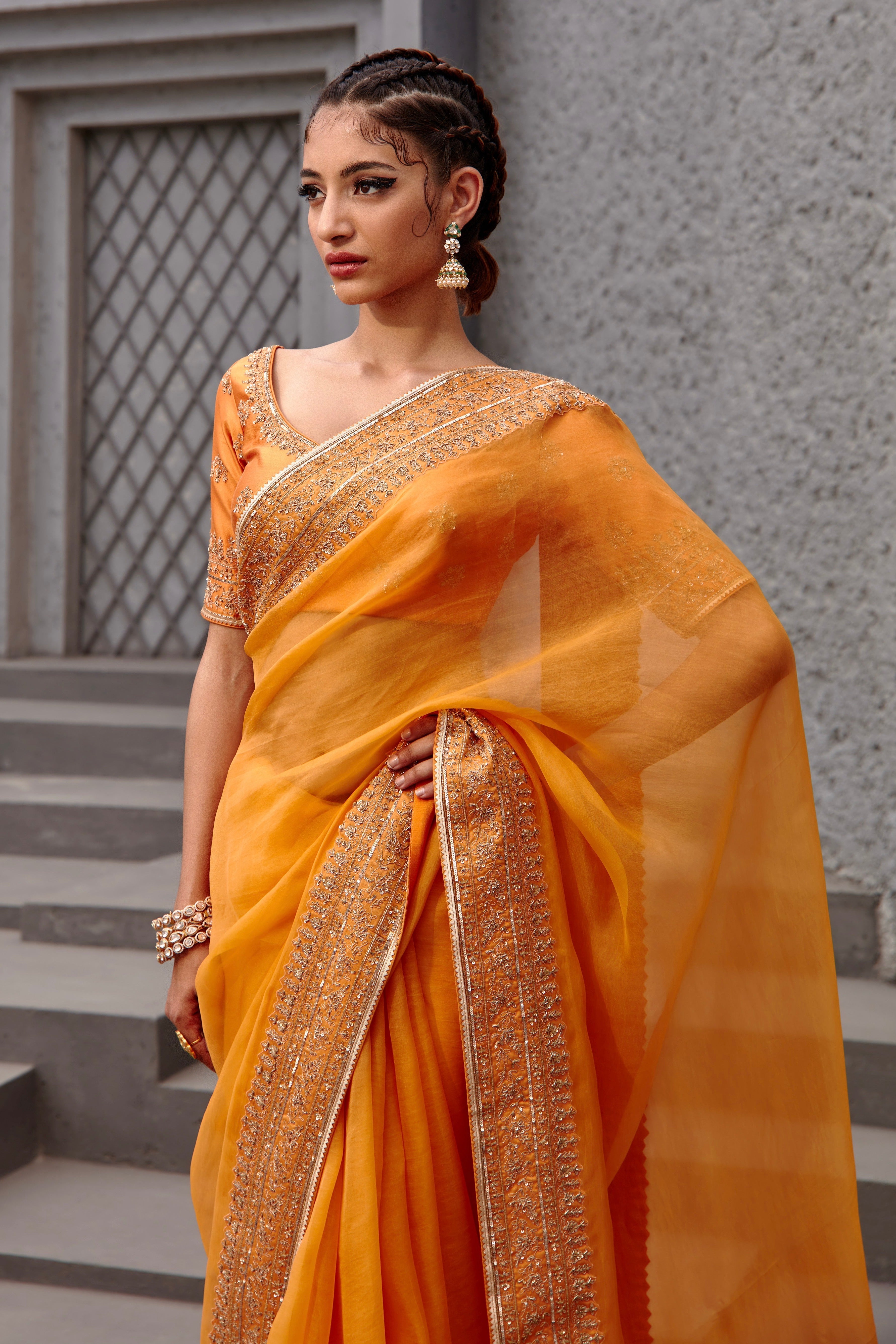 Tangerine Orange Organza Amaira Saree with Gold Dori & Aari Embroidered Chiniya Silk Blouse