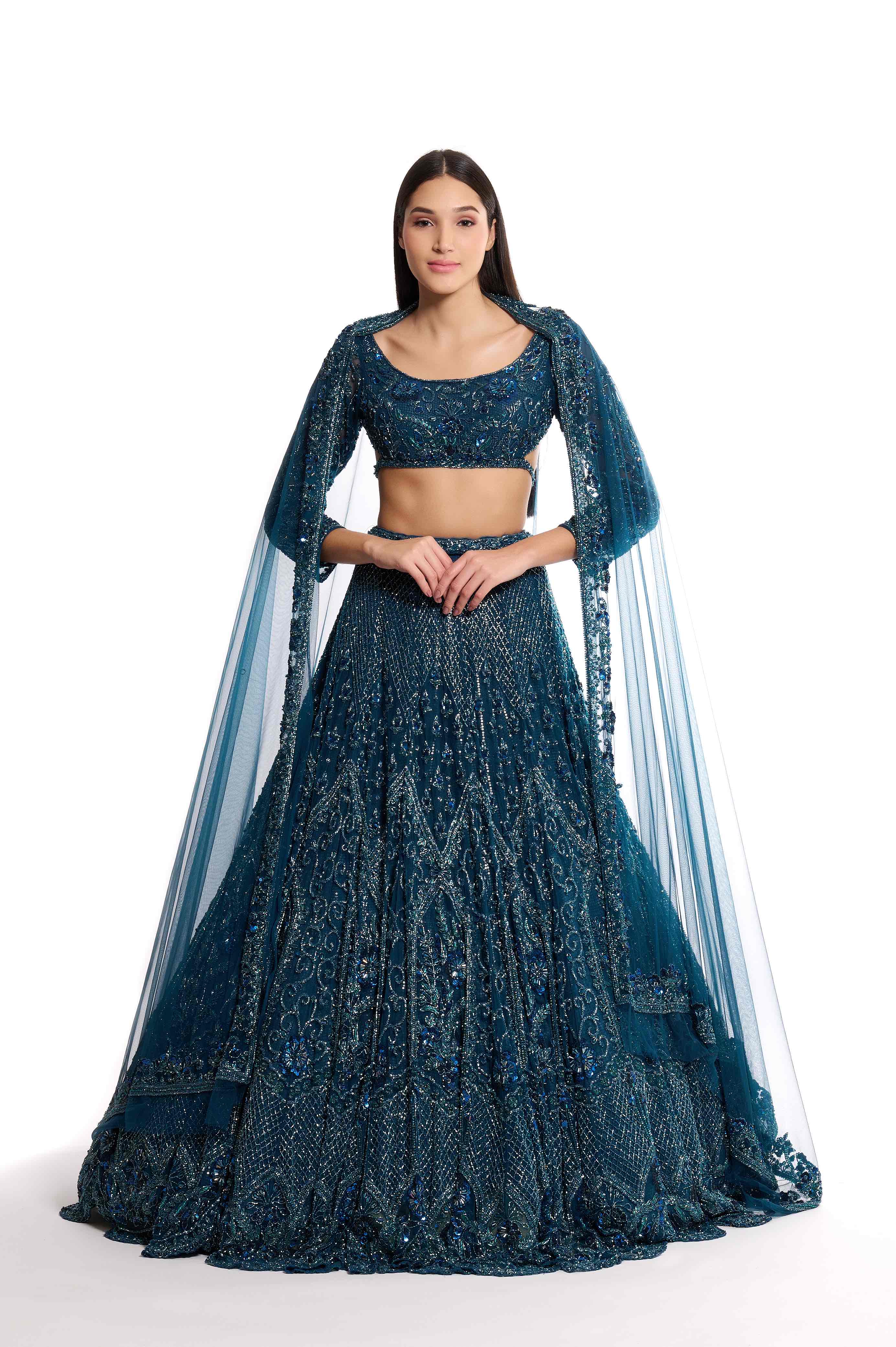Teal Blue Tulle Hand Embroidered Sarah Lehenga Set