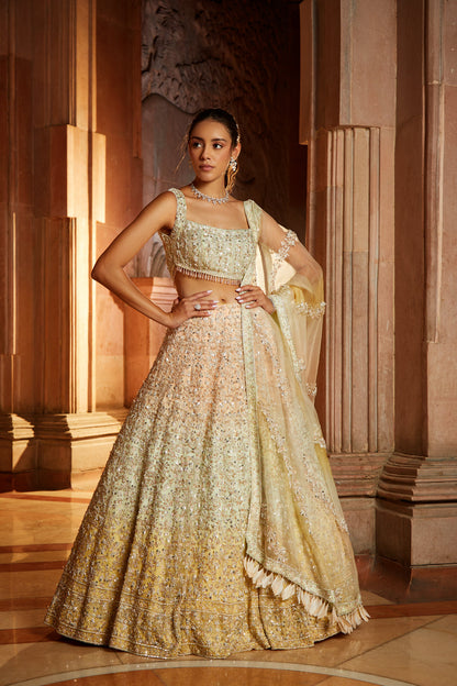 Tripple Colour Shaded Organza Lehenga Choli Dupatta Set with  Optional Veil