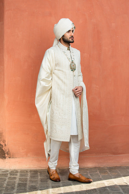 Cream Matka Achkan with Monga Kurta and Churidar