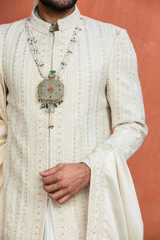 Cream Matka Achkan with Monga Kurta and Churidar