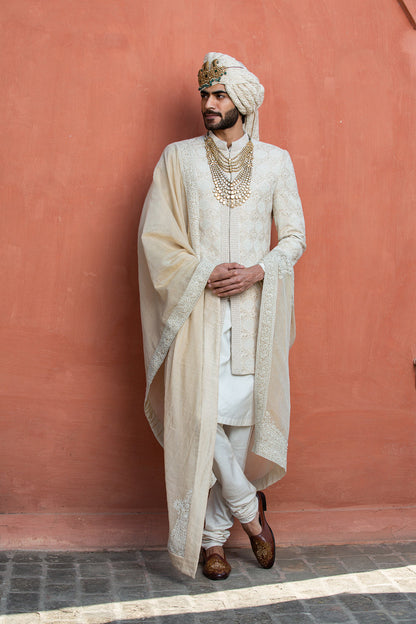 Beige Monga Embroidered Achkan with Kurta and Churidar