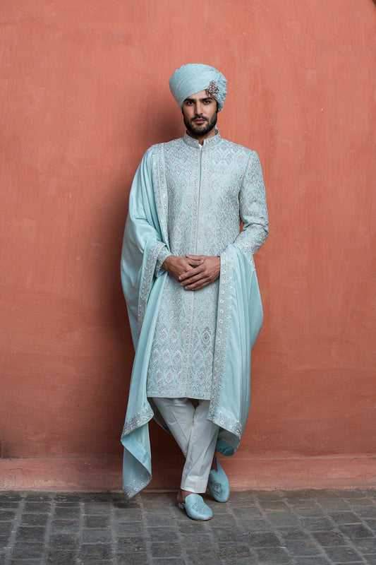Aqua Blue Dupioni Silk Embroidered Achkan with Monga Kurta and Pant