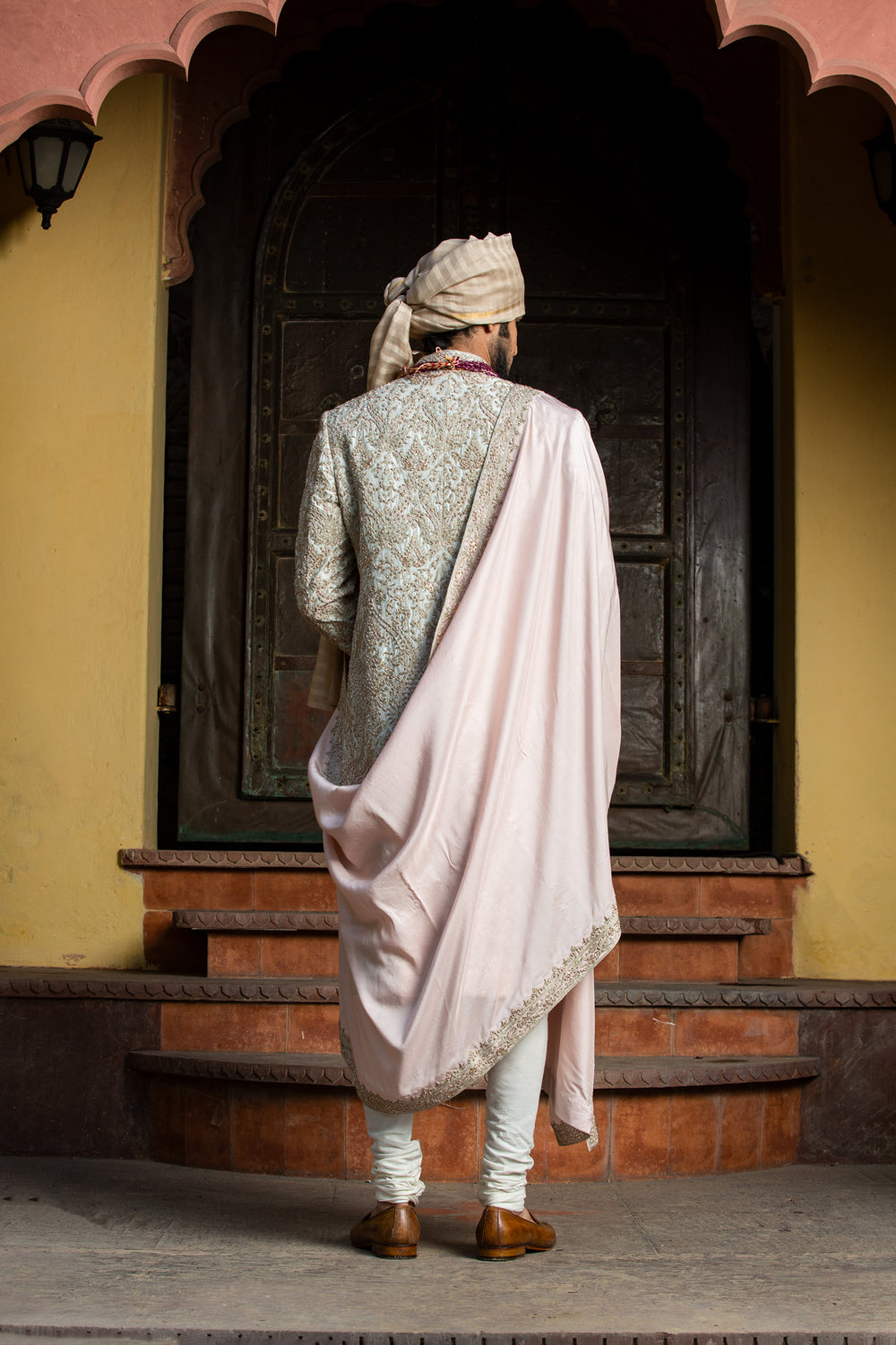 Ivory Taffeta Achkan all over Embroidered with Monga Kurta and Churidar