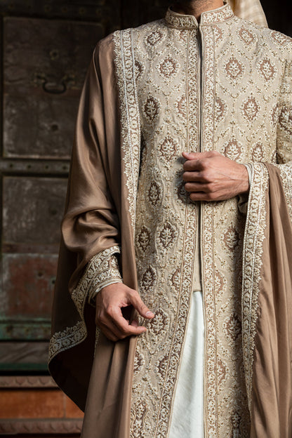 Beige Brown Raw Silk Patchwork Embroidered Achkan with Monga Kurta and Churidar