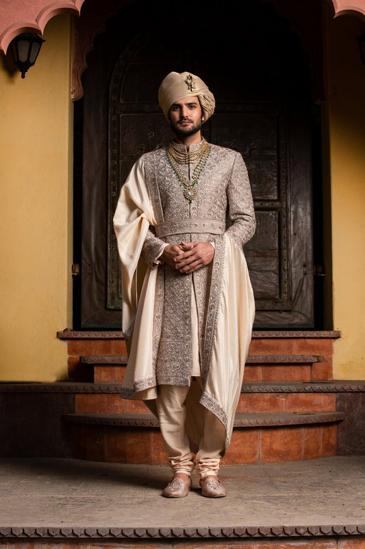Coffee Raw Silk Achkan with Belt and Monga Churidar