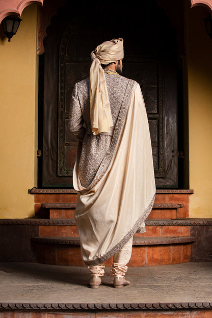 Coffee Raw Silk Achkan with Belt and Monga Churidar